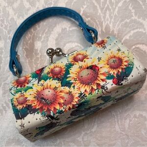 Sunflower Print Lipstick Case with Kiss Lock Closure and Handle NWOT